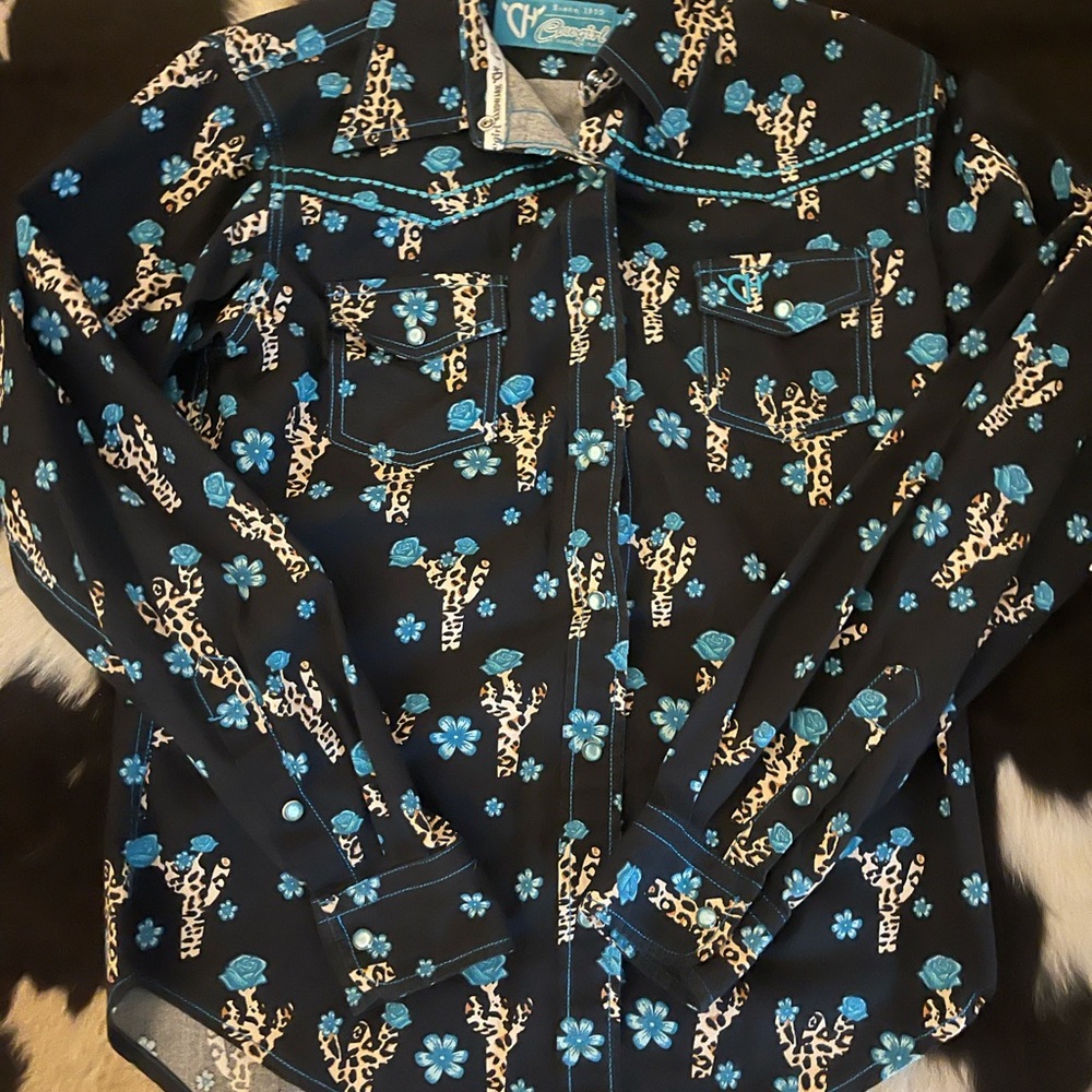Cowgirl Hardware Girls Large 10-12 Leopard Cactus Western Snap Shirt